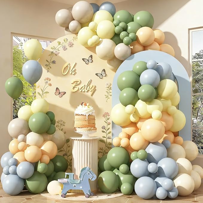 Blue and Green Balloon Arch Kit 115Pcs Dusty Blue Sage Green Balloons Garland Slate Yellow Cream Nude Beige White Sand Birthday Party Balloons for Boys Bear Bee Honeycomb Baby Shower Decorations