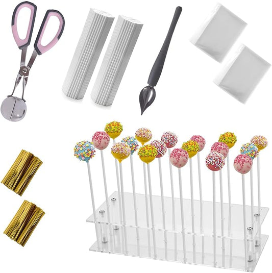 Cake Pop Kit Included 200 pcs 6 inch Lollipop Sticks and 200 pcs Clear Wrappers, 18 hole Clear Acrylic Display Stand, 1 pcs Metal Baller Scoop, 1 pcs Culinary Decorating Scooper, 200 pcs Twist Ties