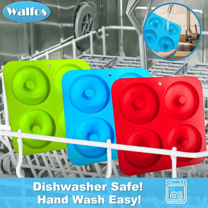 Walfos Full Size Silicone Donut Mold for Baking- 4 Inch Big Size Silicone Doughnut Pan Set for Donut Cake Biscuit Bagels, Heat Resistant, BPA FREE and Dishwasher Safe, Non-Stick, Just Pop Out! (4PK)