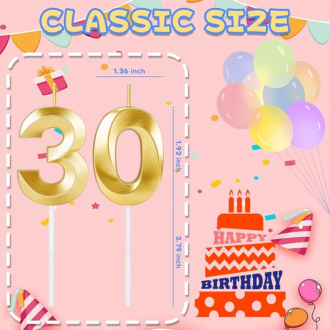 30th Birthday Candles for Cake,Gold Number Candles for Happy Birthday Cake Toppers,Birthday Decorations for Her Him Party Anniversary Wedding