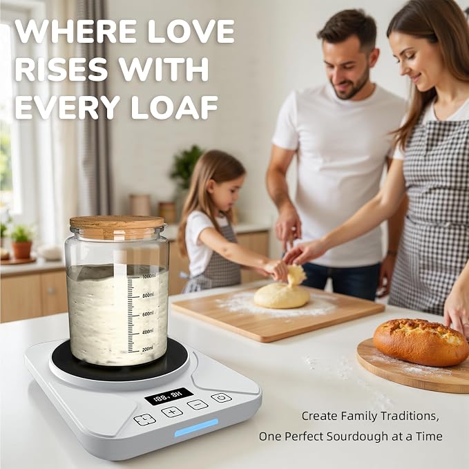 Sourdough Starter Warmer Mat - 24H Timer - Precise 1°F Thermostat Control (70-100°F) - Smart Memory Warming On/Off - Fits Jars Up to 40oz - Perfect for Home Baking (Moonlight White)