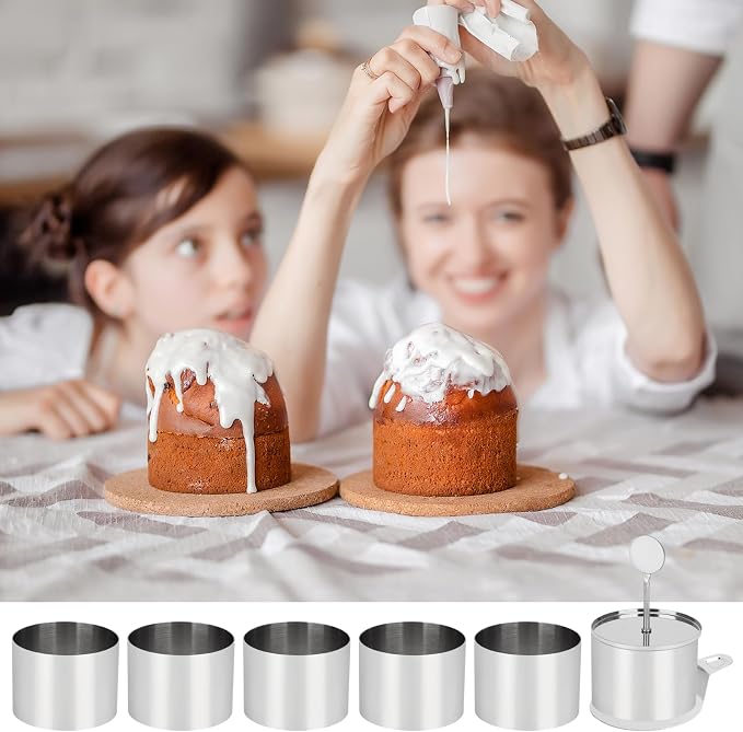 6 Pack Cake Ring Molds with 1 Pusher 1 Lifter, 3 Inch Seamless Mini Cheese Cake Cutter Ring Set, Stainless Steel Mini Food Mold for Mousse, Food Plating, Cookies, Baking (Round)