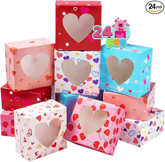 JOYIN 24 Pcs Valentine’s Day Bakery Treat Boxes, Valentines Cupcake Boxes, Cookie Boxes with Window for Holiday Pastries, Doughnut, Cookie, Cupcakes, Brownies, Truffles Gift Giving