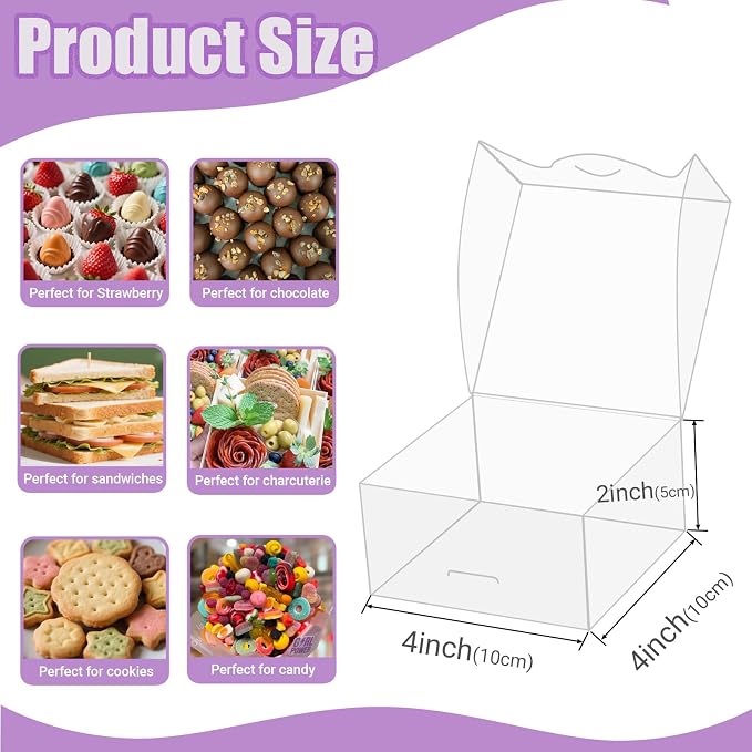 100pcs 4x4x2 Inch Clear Plastic Pastry Gift Boxes for Cookies, Chocolate Covered Strawberries, Truffles, Brownies & More