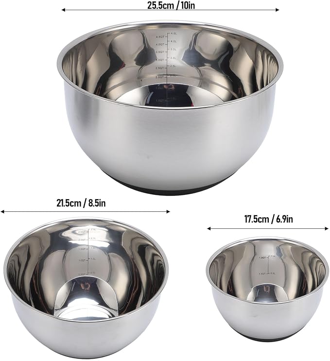 Stainless Steel Mixing Bowls Set, 3 Piece Bowl and Grater Set with Lids, 10in 8.5in 6.9in Nested Kitchen Prep Mixing Bowls for Baking Salad Food Prep