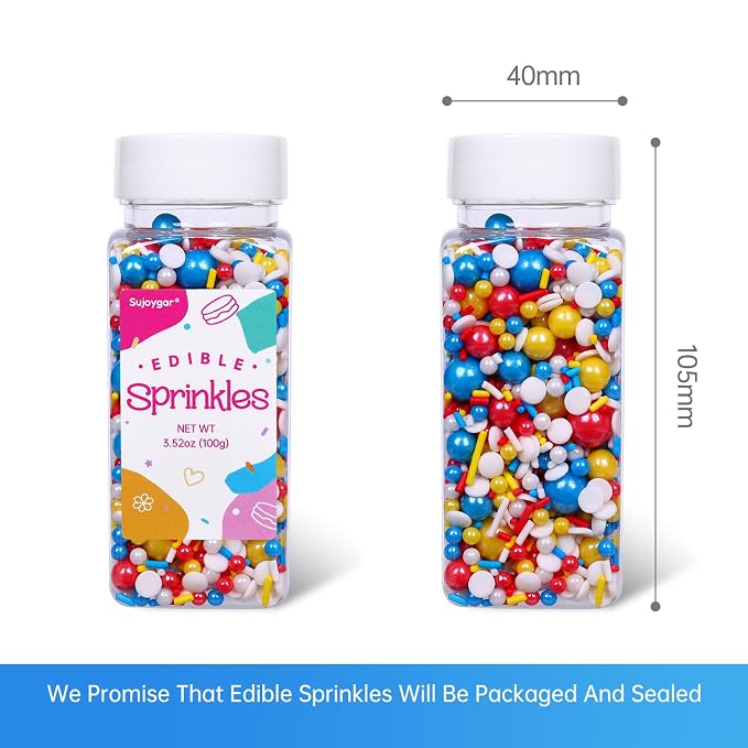 Red Blue and Yellow Sprinkles for Cake Decorating, 3.52oz Funfetti Edible Pearl Sprinkles for Cupcake Baking Ice Cream Cookie, Party Cake Decoration