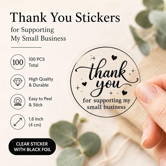 100PCS Thank You for Supporting My Small Business Stickers, Clear Black Thank You Labels for Packaging, Gift Bags, Bakery Boxes & Handmade Business Orders 1.6 Inch (Business)
