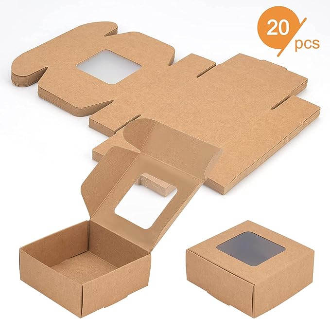 BENECREAT 28 Packs Kraft Paper Box with Clear Windows, 3.4x3.4x1.4Inches Paper Gift Box for Party Favor Treats Bakery, Festival Gift Packaging