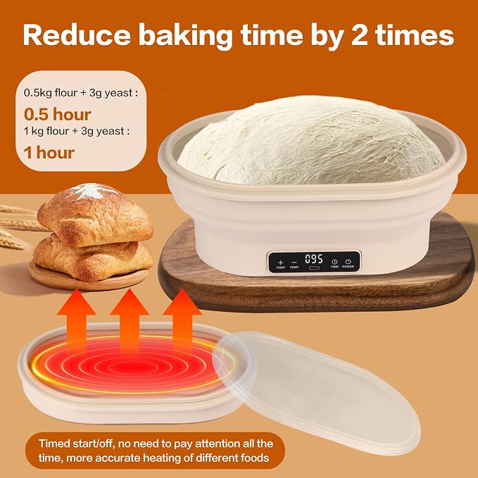 Electric Heating Bread Proofing Basket, 2L Large Capacity Electric Thermostatic Silicone Batter Bowl, Auto Warming On/Off, Collapsible Design, Perfect for Sourdough Starter & Artisan Baking