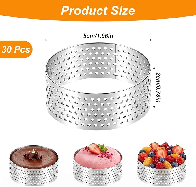 30 Pack Stainless Steel Tart Rings 2 Inch Heat-Resistant Perforated Cake Mousse Ring Round Ring Baking Doughnut Tools Small Fruit Tarte Molds for Cooking Dessert Crumpet