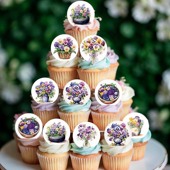 36PCS Edible Pansies Bouquet Cupcake Toppers Wafer Paper Floral Baby Shower Cake Decorations Edible Spring Flower Cupcake Toppers for Floral Theme Birthday Party Decoration