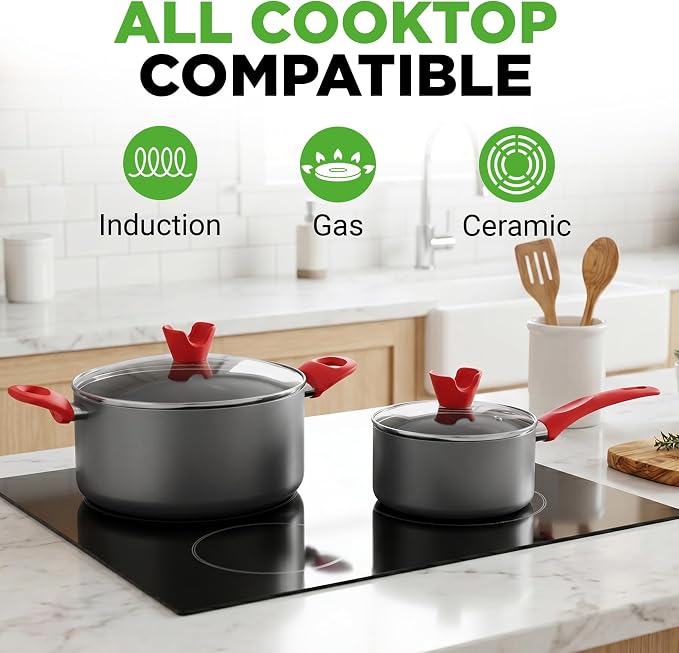 NutriChef 21-Piece Nonstick Cookware Set - PTFE/PFOA/PFOS Free Heat Resistant Lacquer Kitchen Ware Pots Pan w/ Cool-Touch Handles, Saucepan, Fry Pans, Lid, Bakeware, For Gas Electric Ceramic Cooktops