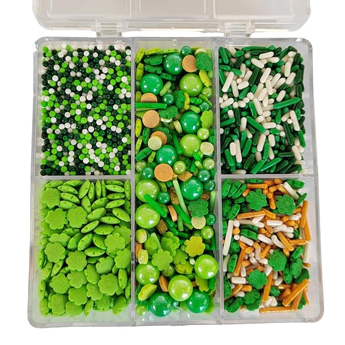 St. Patrick's Day Sprinkles for Cake Decorating, Edible Green Shamrock Sprinkles with Pearls Jimmies Nonpareils for Baking Cupcake Toppers Cookie Decorating Ice Cream Topping