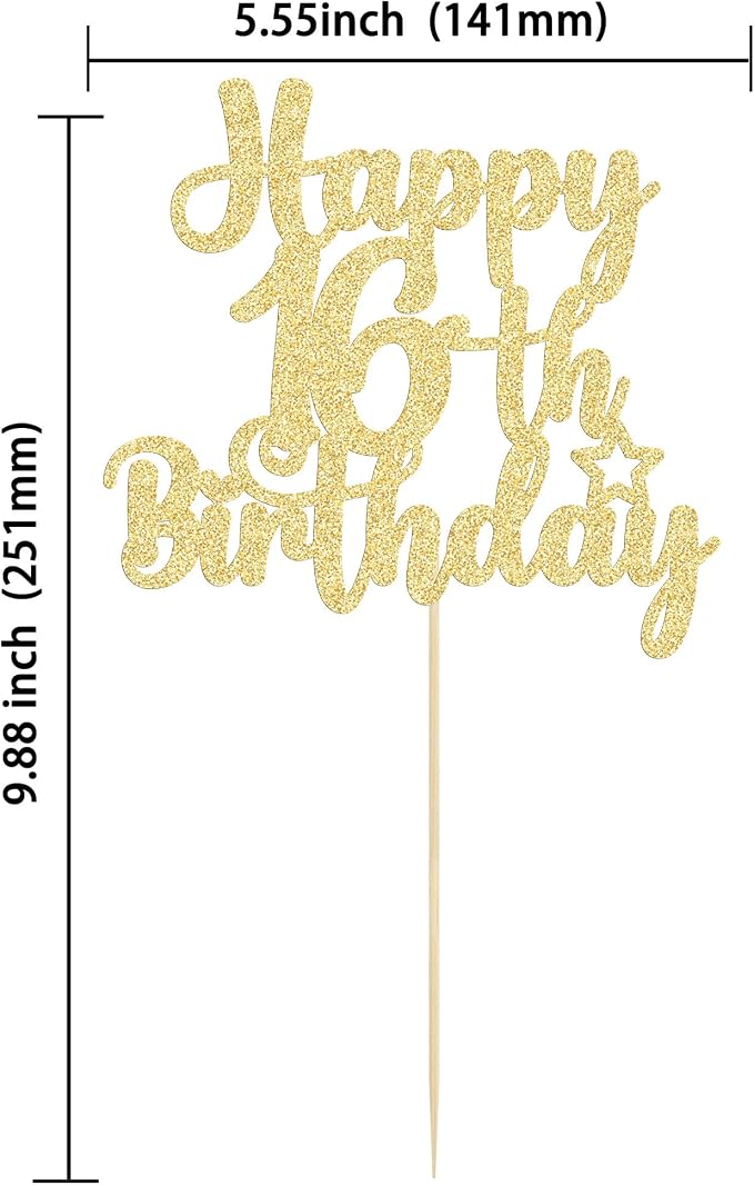 Gyufise 1Pc Happy 16th Birthday Cake Topper Gold Glitter 16 & Fabulous Sweet 16 Birthday Cake Pick for Celebrating 16th Birthday Anniversary Party Cake Decorations Supplies