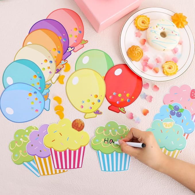 Vuzvuv 80Pcs 5In Cup Cake and Balloon Paper Cutouts with 160Pcs Glue Points,Cup Cake and Balloon Cut Outs Bulletin Board Decorations for Birthday Party Theme Decor Supplies