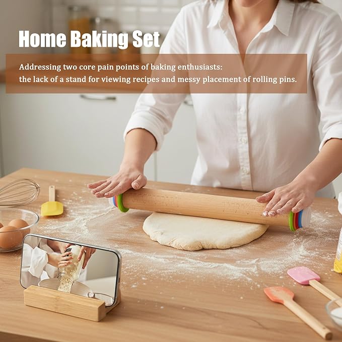 Adjustable Rolling Pin with Thickness Rings, Wood Dough Roller | natural beech wood, 8 plastic thickness rings, double-sided wooden stand, 17/14 inch, for pizza pasta cookies fondant clay