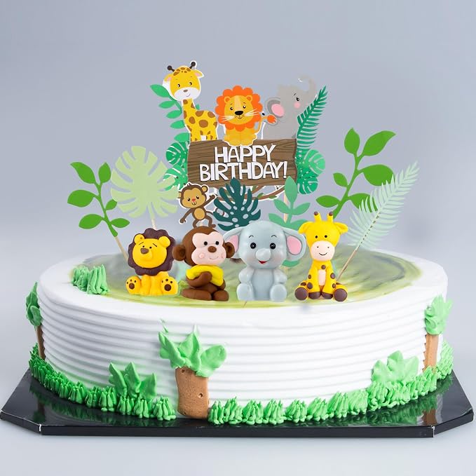 36 Pcs Safari Cake Topper Leaves Cake Decorations Elephant Birthday Cake Toppers Jungle Animals Cakes Toppers Woodland Animal Tiger Lion for Party Baby Shower Birthday Supplies