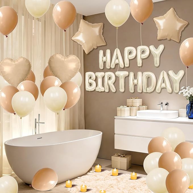 Neutral Happy Birthday Balloons Decorations Beige Cream Neutral Birthday Balloon Letters Banner with Star Heart Balloons 1000 Artificial Rose Petals 24 Flameless LED Candles for Birthday Party Supply