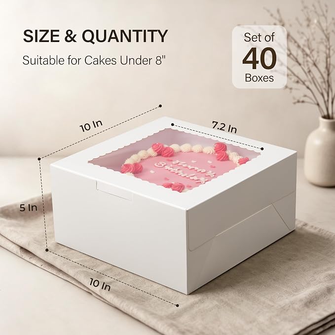 Kootek 40pcs Cake Boxes with Window, 10 x 10 x 5 Inches Bakery Boxes Treat Cookie Dessert Boxes Pastry Box for Cake, Chocolate Covered Strawberries, Cupcakes, Donuts, Baked Goods