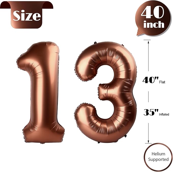 Dark Brown Number 13 Balloon 40 inch, Coffee Brown 13 Number Balloons, 13th Birthday Decorations, Chocolate 13 Year Old Girls Boys Dark Brown Party Supplies