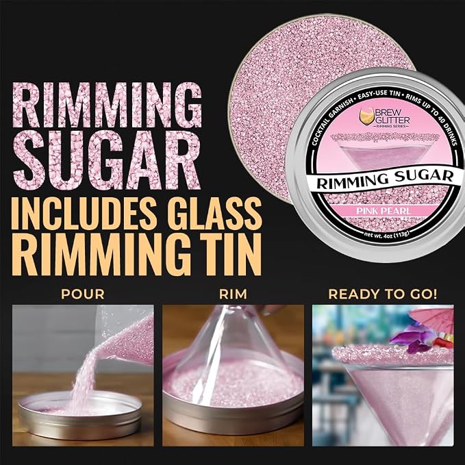 Brew Glitter - Pink Rimming Sugar (4oz, 1x Bar Tin) Cocktail Garnish for Mixed Drinks & Refreshments