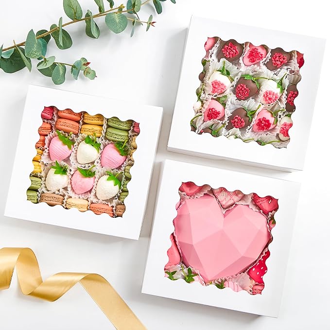 Ocmoiy 20 Pack Pie Boxes, 9 x 9 x 2.5 Inches Bakery Boxes with Window, Auto-Popup Cookie Treat Boxes for Chocolate Strawberries, Pastries, Muffins, Donuts, Breakable Heart
