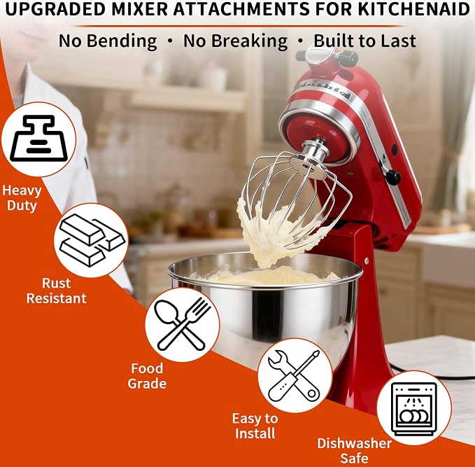 3-Piece Kit Stand Mixer Attachments Set for KitchenAid, Reinforced Stainless Steel Wire Whip & Upgraded Coated Flat Blade Paddle & Dough Hook, Fit for Kitchenaid 4.5-5QT Tilt-Head Stand Mixers