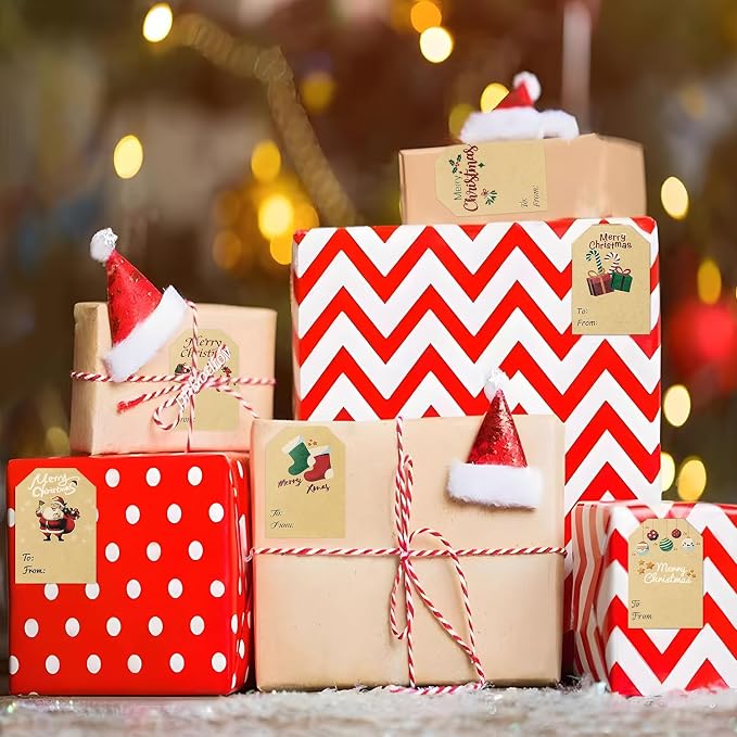 Yoget 250 PCS Chirstmas Gift Tags, Xmas Kraft Gift Tags Stickers Name Labels, Christmas Decorations (50x70mm, 6 Designs)