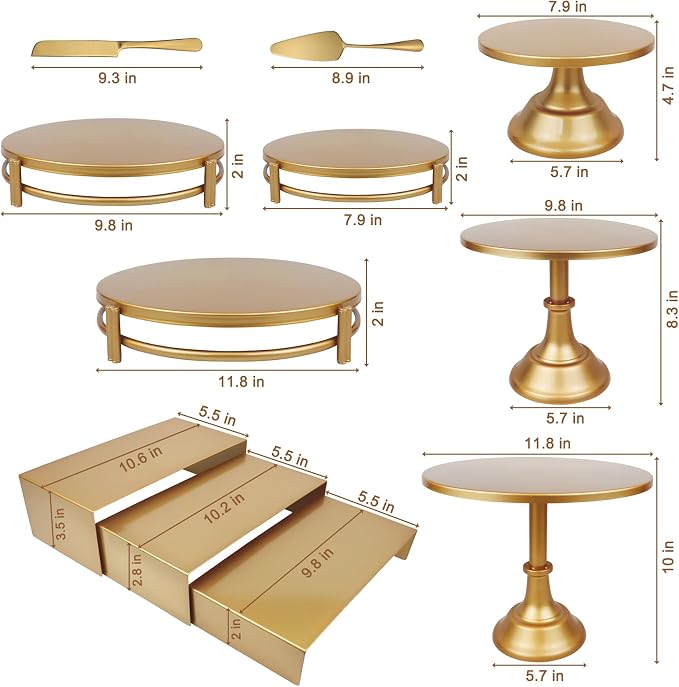 MACIFECI Gold Dessert Table Display Set, 11PCS Metal Gold Cake Stand Set, Including Cupcake Tower Stand, Dessert Tray, Risers Stands, for Wedding, Party