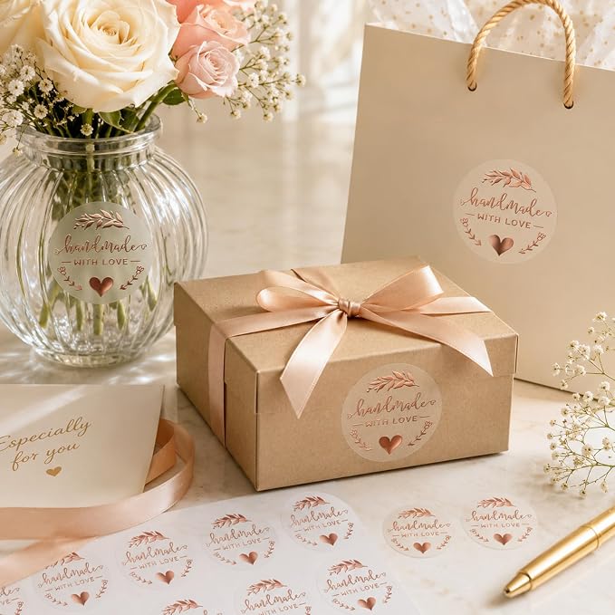 100PCS Handmade with Love Stickers, 1.6" Transparent Rose Gold Foil Labels | Made with Love Stickers for Bakery, Cookies, Boutique, Cake Boxes, Bread, Bakery, Candle, , Small Business