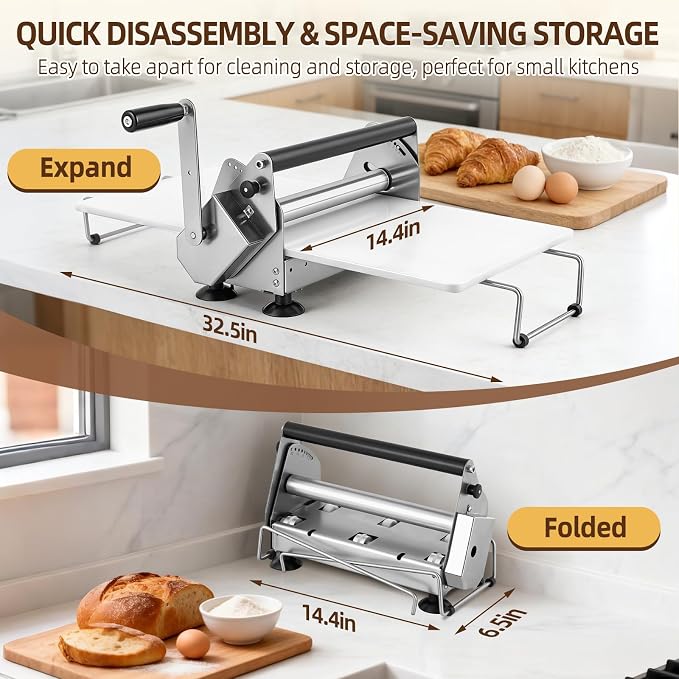 Folding Dough Sheeter Machine for Home 12" Manual Dough Sheeter Folding Dough Rolling Machine Compact Design with 0-20MM Thickness Adjustable, Stainless Steel