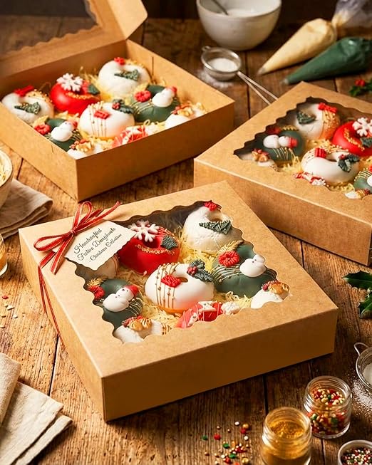 qiqee Auto-pop Up 240pcs Brown Pastry Box With Window Donut Pie Boxes 8"x8"x2.5" Bakery Box