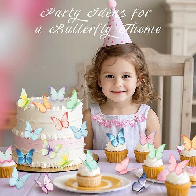 48Pcs Edible Cake Toppers, Wafer Paper Butterfly Cake & Cupcake Decorations Colorful Butterflies for Wedding Birthday Party Cake Cupcakes Decorating