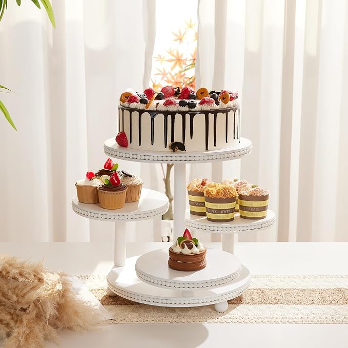 4 Tier Cupcake Stand for 50 Cupcakes - Wooden Cake Stand | Cupcake Display | Round Cupcake Tower, Beaded Dessert Display for Wedding, Party, Birthday, Decor, Graduation, Baby Shower