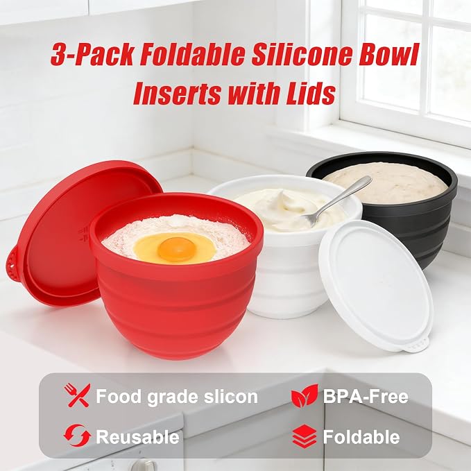 Foldable Silicone Liners for 5 Qt KitchenAid Tilt-Head Stand Mixer(Only), Odourless,Thicker, Cold/Heat-Resistant & Non-Stick, Easy Clean, Set of 3 with Lids, 1Splash-proof Bowl Lid