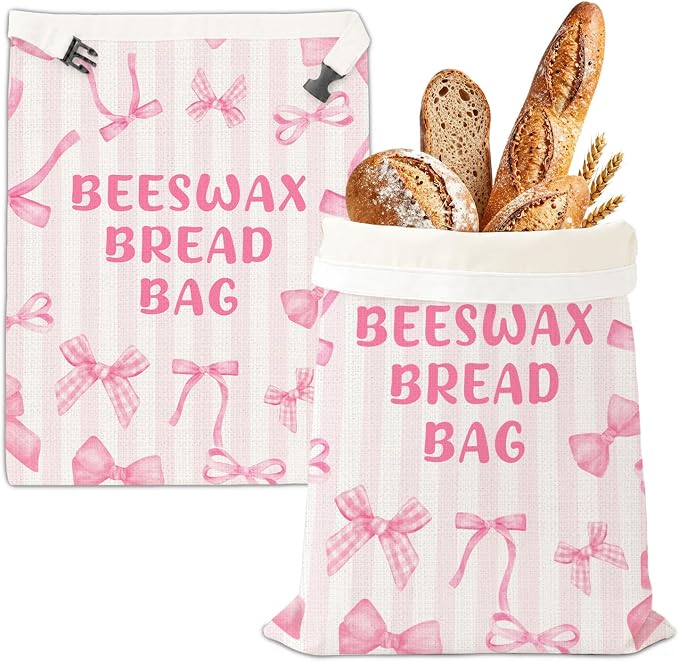 2 Pack Beeswax Bread Bag for Homemade Bread, Reusable Natural Beeswax Storage Bag, Pink Bow Decoration, Reusable Linen, Food Storage Cloth Bag with Buckle, Home Portable Supplies 13 * 17IN