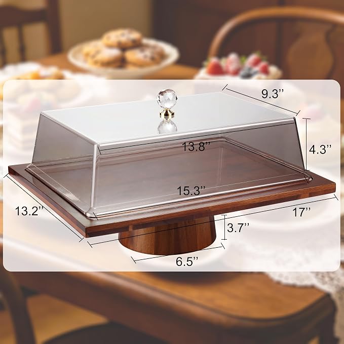 17" Rectangular Acacia Wood Cake Stand with Lid, 2-in-1 Multi-Functional Dessert Display Tray & Charcuterie Board for Cheese/Veggie/Chips & Dip, Birthday/Weddings/Party