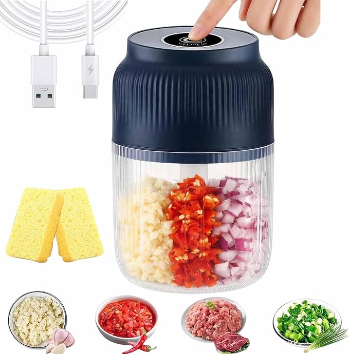 Household Electric Garlic Crusher, 400ml Mini Electric Food Chopper, Portable Mini Food Processor with 6 Blades, Wireless Electric Garlic Chopper for Ginger, Chili, Fruit, Meat, etc (3 Blades Blue)