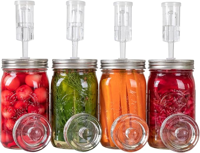 JILLMO 4 Pack Fermentation Kit for Wide Mouth Mason Jars, Stainless Steel Fermentation Lids with Glass Weights and Airlocks, Easy Fermenting Set for Pickling, Canning and Sauce (No Jars)