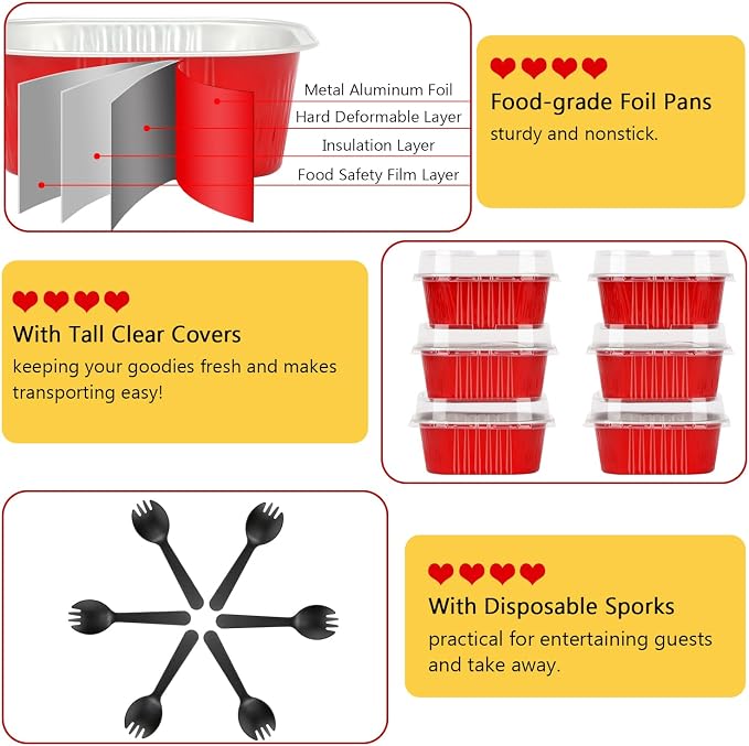 LNYZQUS 5oz Cupcake Pans Disposable Ramekins 40 Pack, Aluminum Foil Cupcake Liners with Lids,Square Brownie Mini Cake Baking Pans Muffin Tin Holders for Christmas-Red