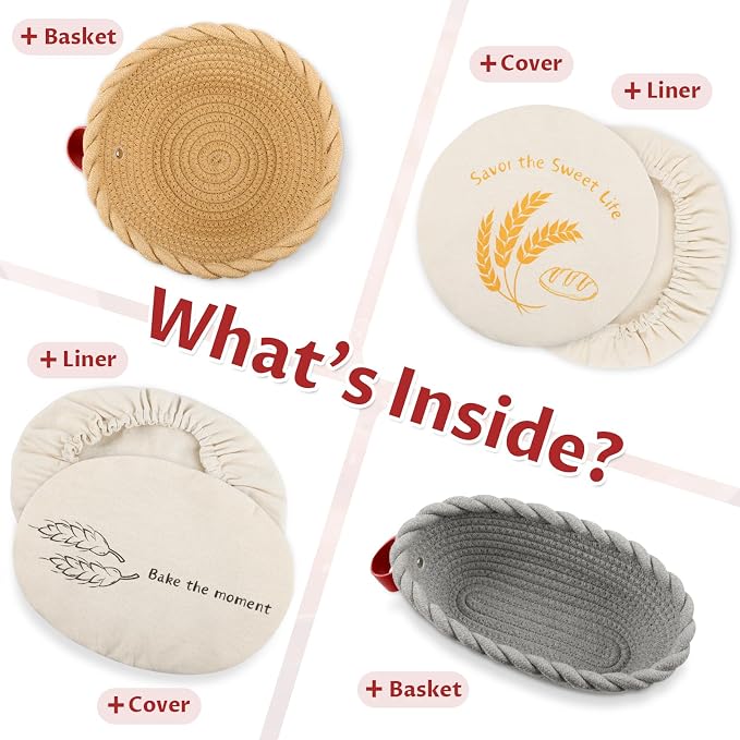 Cotton Rope Banneton Bread Proofing Basket Set, 10" Oval & 9" Round Baskets with Liners & Covers for Perfect Artisan & Sourdough Bread Baking at Home