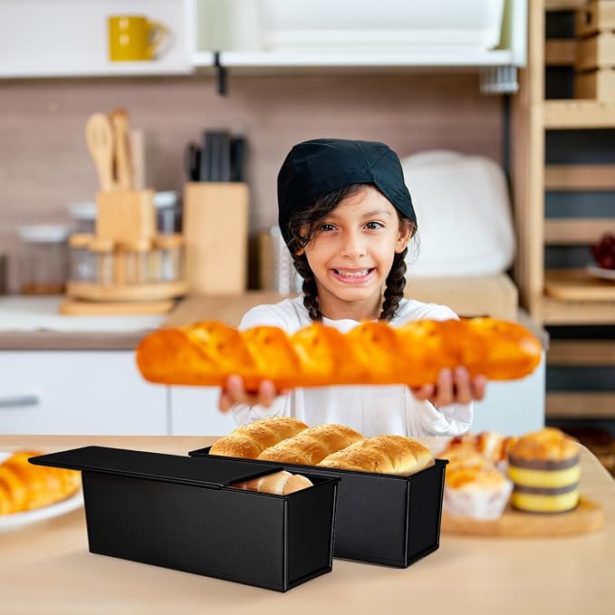 2 Pack 2 lb 13 x 4 Inch Pullman Loaf Pan with Lid Dough Capacity Bread Loaf Pan with Cover, Nonstick and Quick Release Coating for Home Bakeware Bread Toast Oven Baking(Black)
