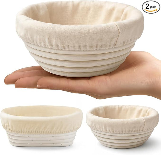 Fanfanwin 2 Pack Mini Bread Proofing Baskets with Liners Banneton Baskets Dough Proofing Bowls for Home Sourdough Bread Baking Supplies(Oval+round)