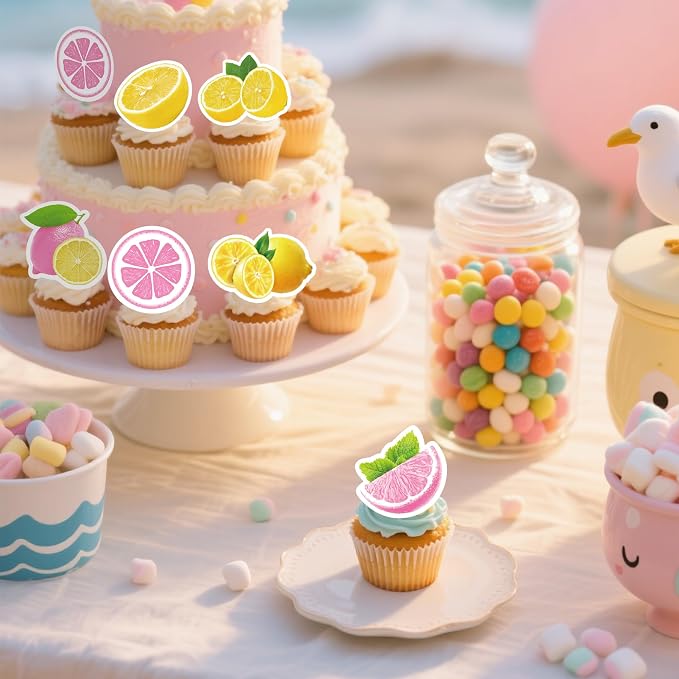 72Pcs Edible Lemon Cupcake Toppers Fruits Theme Party Decorations Lemonade Theme Cupcake Toppers for Summer Fruit Theme Theme Party Wedding Bridal Shower Supplies