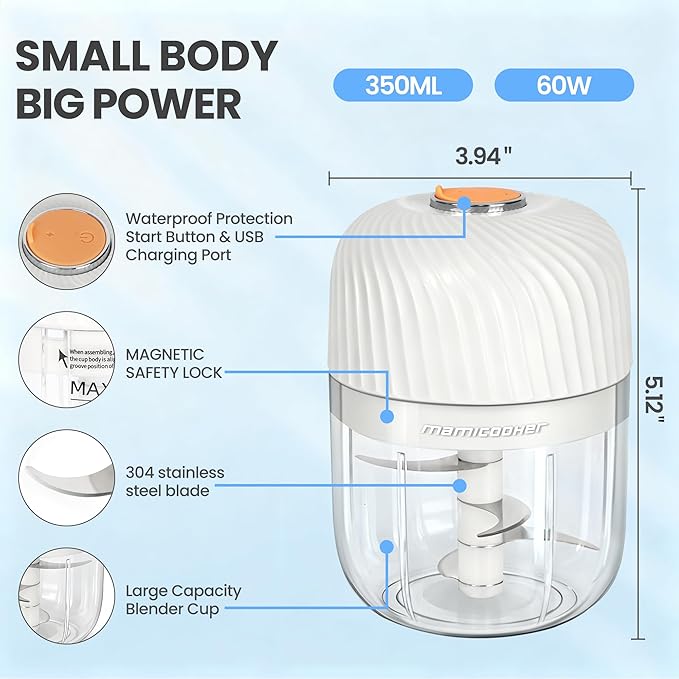 Electric Garlic Chopper 350ML, Mini USB Rechargeable Veggie Chopper, Cordless Garlic Mincer Onion Chopper Food Chopper for Ginger Chili Meat Sauce, Wireless Food Processor, White