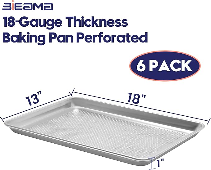 BIEAMA 6 Pack Half Size 18" x 13" Aluminum Baking Sheet Pan Perforated, Commercial Bakery Equipment Cookie Sheets, NSF Approved Baking Tray