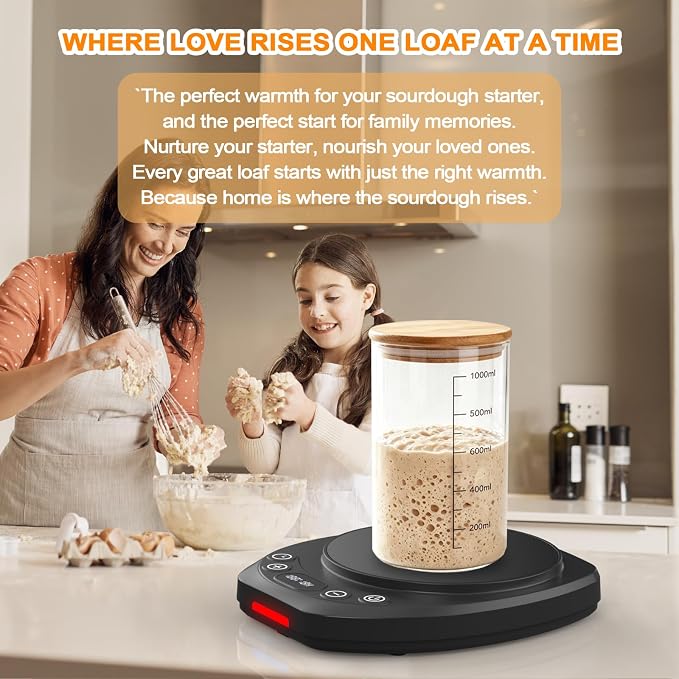 Sourdough Starter Warmer Mat,65-110°F 1°F Precision, 24H Timer & Memory, Electric Heating Mat for 24-40oz Jars, Home Baking（Black）