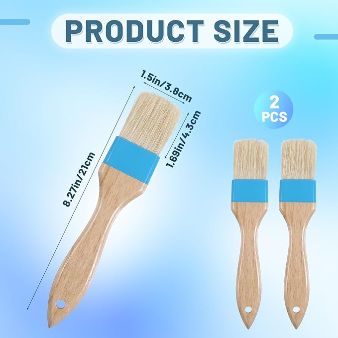 2 PCS 1.5 Inch Natural Bristle Pastry Brush, Pastry Basting Brush - Food Grade, Heat Resistant Wooden Handle Butter Brush, Basting Brush for Cooking, BBQ, Baking, Egg Wash, Oil, Blue