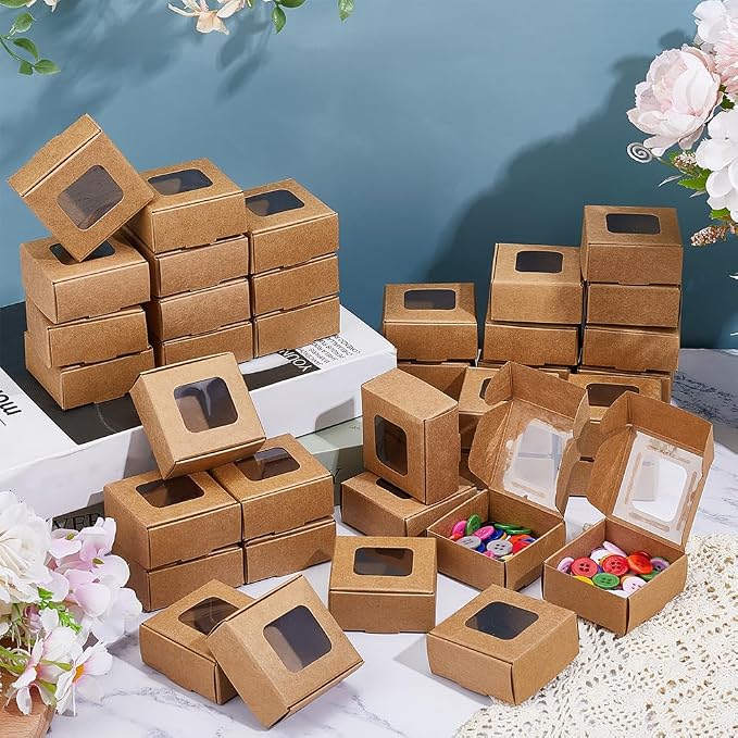 BENECREAT 60 Pack Square Clear Window Box, Brown Kraft Paper Container Party Favor Packaging Boxes, 2x2x1inch Foldable Design with Visible PVC Window for Wedding Treats & Crafts