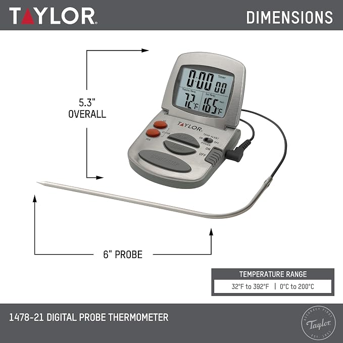 Taylor Programmable Instant-Read Wired Probe Digital Meat Thermometer, Stainless Steel for BBQ, Grill, Kitchen Cooking, Accurate Temperature Readings